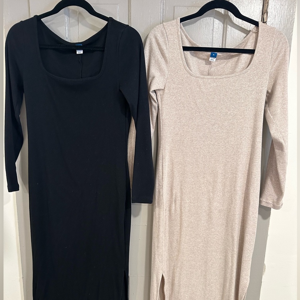 2 Old Navy Ribbed Square Neck Maxi Dresses in Black & Beige